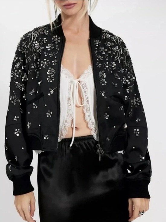 Free People Jackets & Blazers - Free People Stassi Black Satin Embellished Beaded Bomber Jacket NWT Size XS